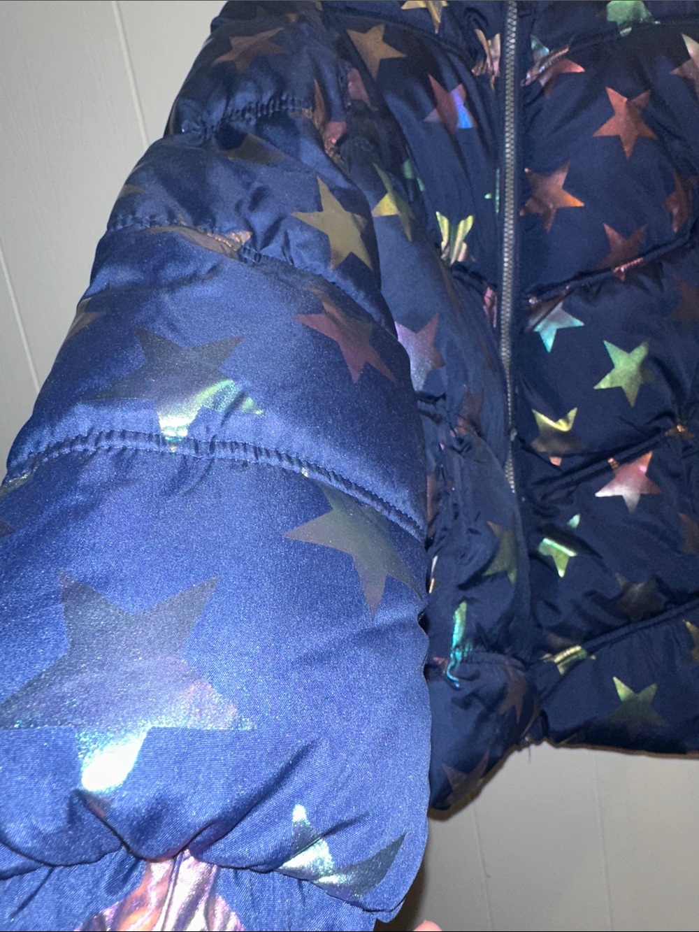 Pink Platinum Navy Star Print Puffer with Pink Hood Lining - Picture 3 of 10
